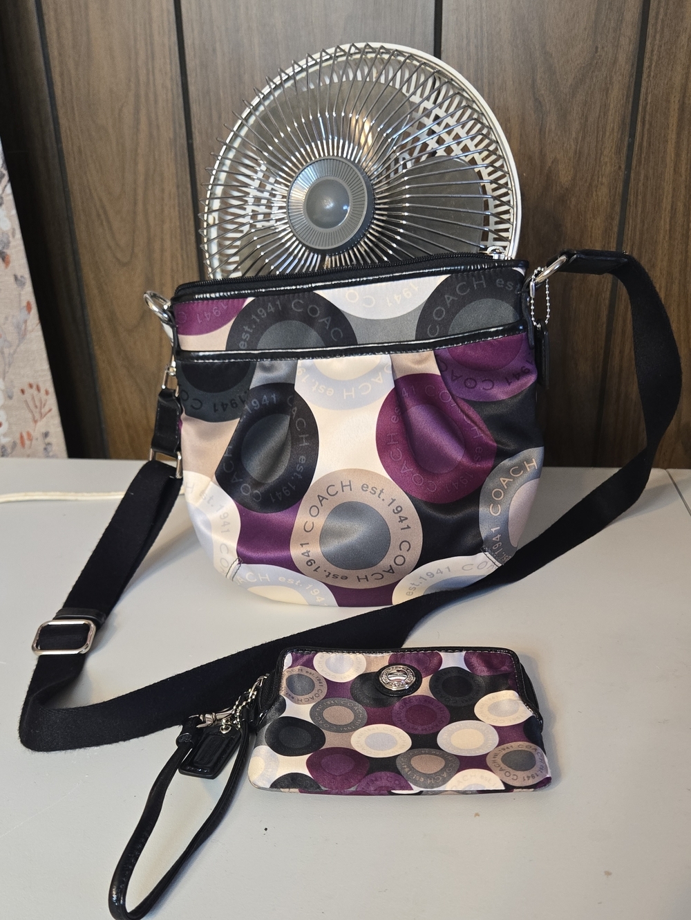 Coach Circle Purple printed adjustable Crossbody With Matching Wallet
